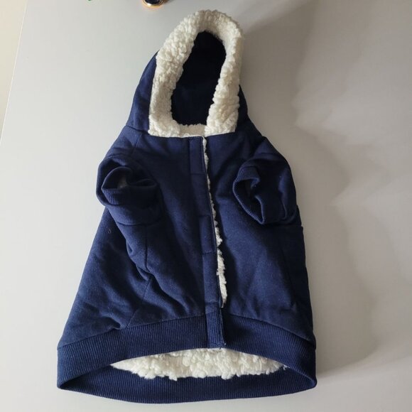 Sherpa Fluffy Dog Coat Jacket Sweater Medium Tiny Hood Blue Soft Little Puppy - Picture 2 of 9